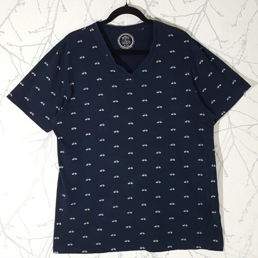 Denim & Flower Navy Bicycles Printed V-Neck Short Sleeve T-Shirt